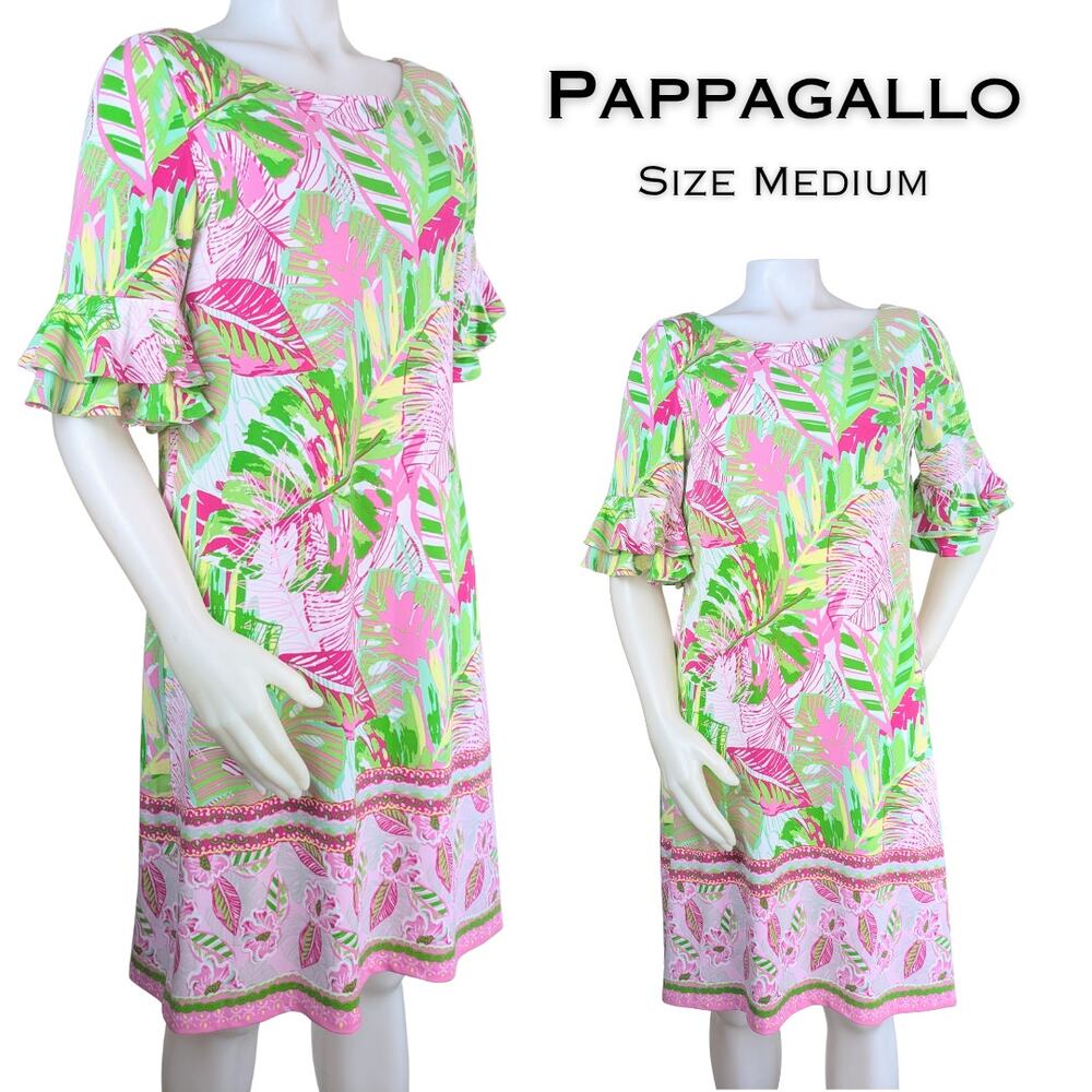 Pappagallo Shift Dress Medium Pink Green Tropical Leaf Ruffled Sleeve Resort
